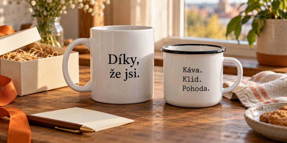 Bílý keramický hrnek s věnováním Díky, že jsi a plecháček s černým lemem a nápisem Káva. Klid. Pohoda.